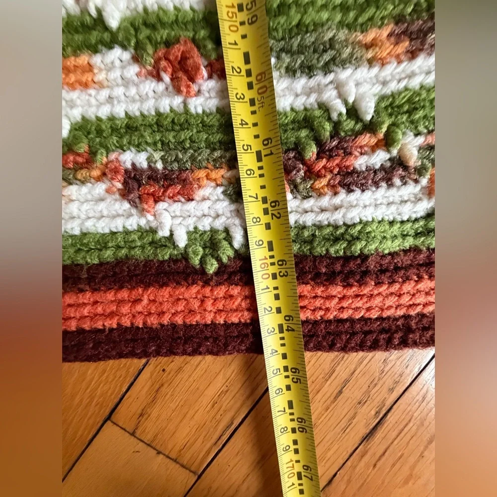 Handmade Cozy Striped Crochet Throw Blanket Green Orange &White 64” x 54” MCM
